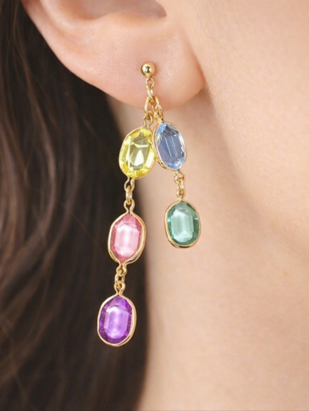 Gold Chain Drop Earrings Multicolor Crystal Dangles - Women's Fashion Jewelry
